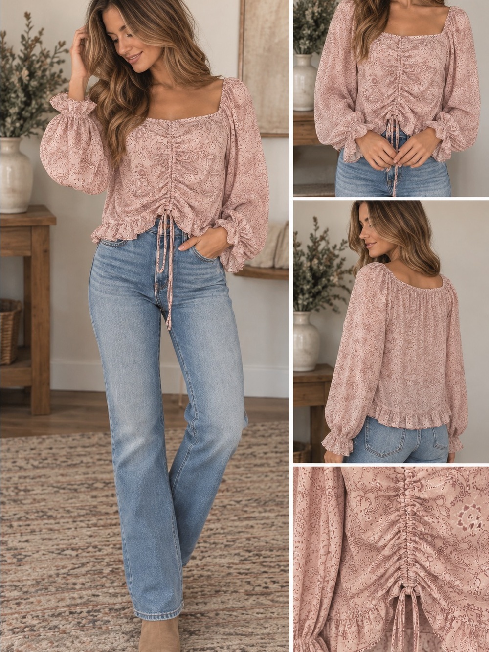 Smocked Hem Lavender Paisley Long-Sleeve Women’s Top
